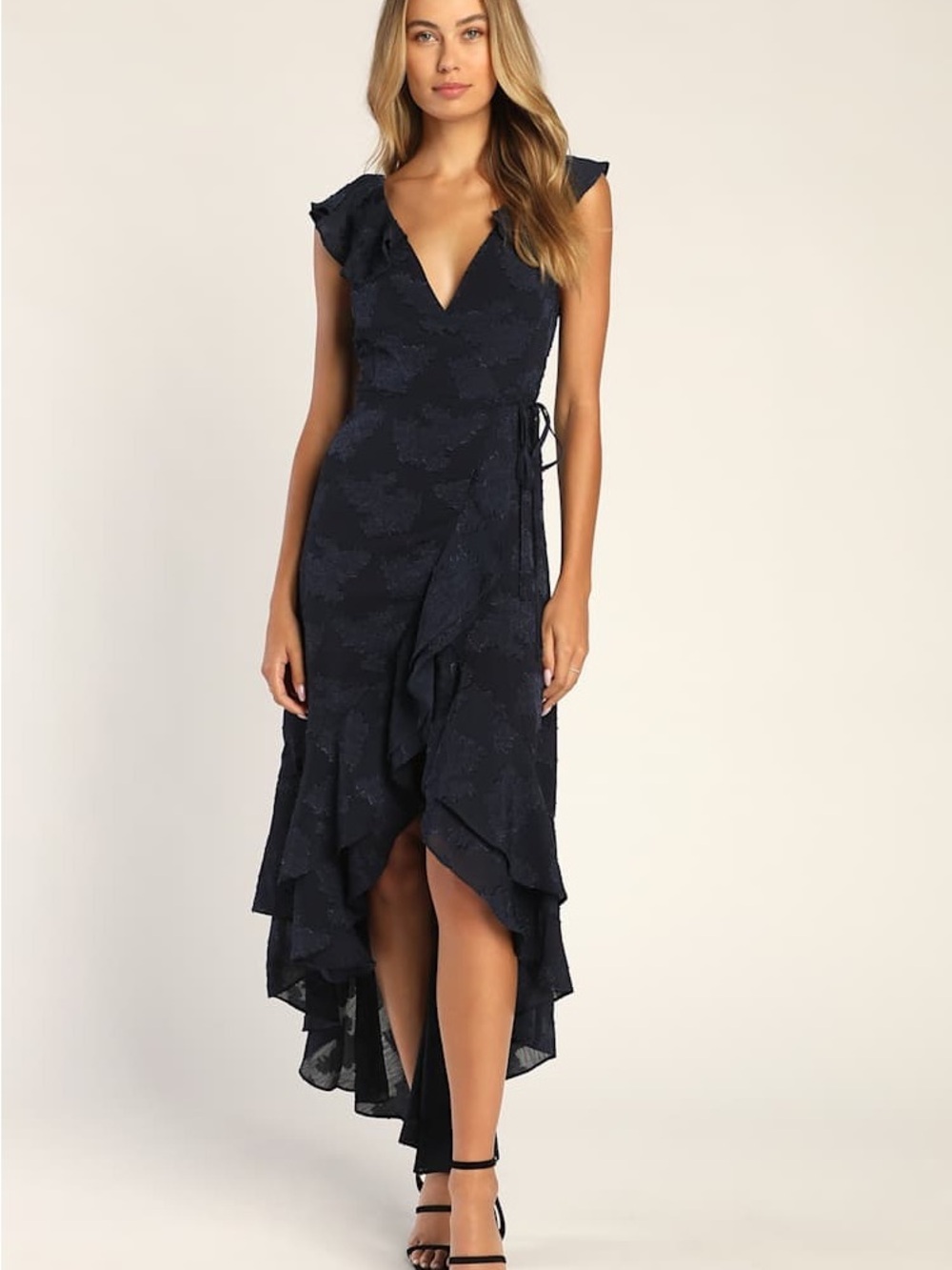 Lulu's Navy Textured Ruffle Wrap High-Low Dress